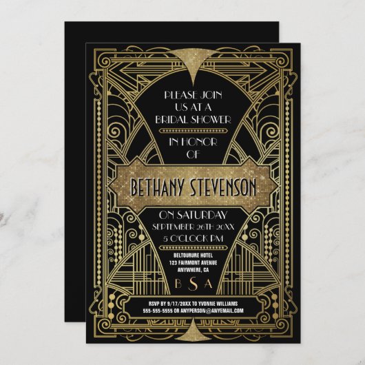 ヴィンテージの金ゴールドのアールデコのブライダルシャワー招待状 招待状 (正面/裏面)