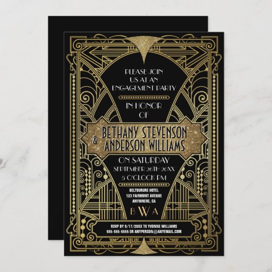 ヴィンテージの金ゴールドのアールデコの婚約パーティの招待状 招待状 (正面/裏面)