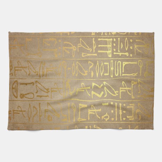 ヴィンテージの金ゴールドのエジプトの象形文字の紙のプリント キッチンタオル (横)
