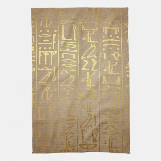 ヴィンテージの金ゴールドのエジプトの象形文字の紙のプリント キッチンタオル (縦)
