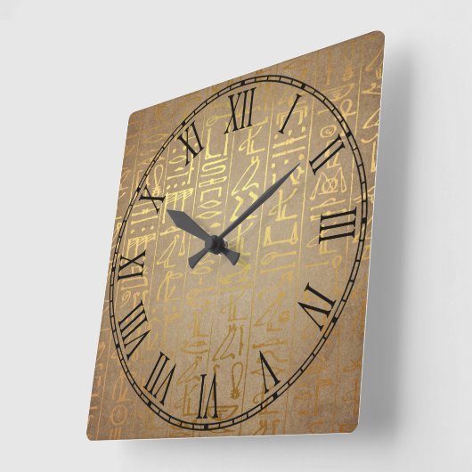 ヴィンテージの金ゴールドのエジプトの象形文字の紙のプリント スクエア壁時計 (傾斜)