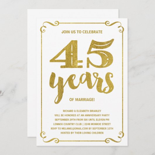 ヴィンテージの金ゴールドのタイポグラフィ第45記念日 招待状 (正面/裏面)