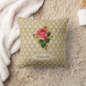 ヴィンテージの金ゴールドのダマスク織パターンピンクのバラおよび名前 クッション (ブランケット)