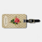 ヴィンテージの金ゴールドのダマスク織パターンピンクのバラおよび名前 ラゲッジタグ (正面横)