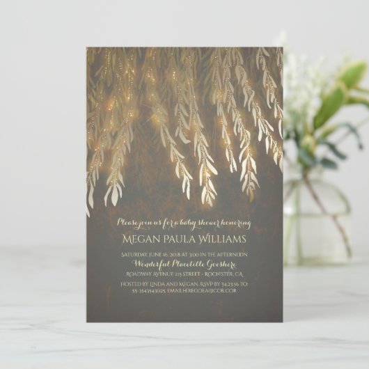 ヴィンテージの金ゴールドのヤナギの木の枝ベビーシャワー 招待状 (スタンド正面)