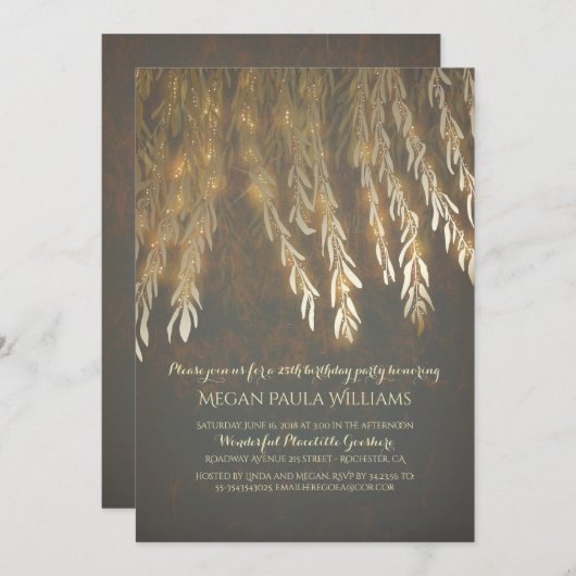 ヴィンテージの金ゴールドのヤナギの木の枝誕生会 招待状 (正面/裏面)