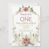 ヴィンテージの金ゴールドの水彩画の花柄の最初誕生日 招待状 (正面)