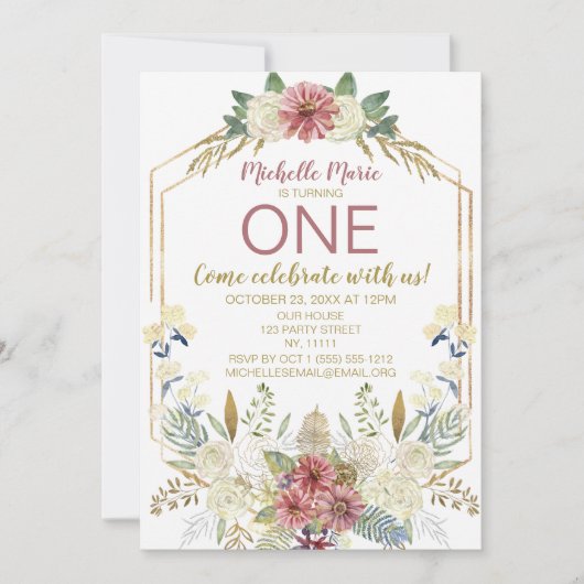 ヴィンテージの金ゴールドの水彩画の花柄の最初誕生日 招待状 (正面)