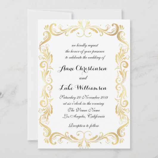ヴィンテージの金ゴールド、白黒原稿の結婚式 招待状 (正面)