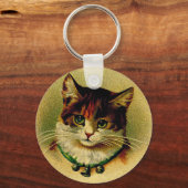 ヴィンテージの鈴が鳴る緑の目の猫 キーホルダー (正面)