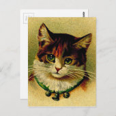 ヴィンテージの鈴が鳴る緑の目の猫 ポストカード (正面/裏面)