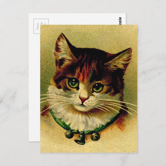 ヴィンテージの鈴が鳴る緑の目の猫 ポストカード (正面/裏面)