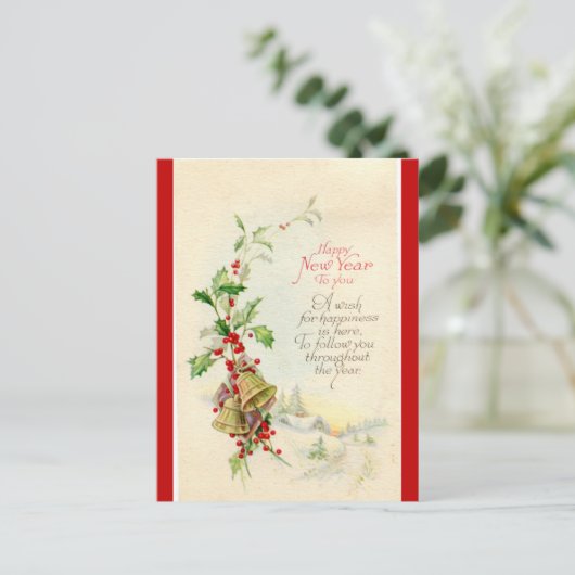 ヴィンテージの鐘と果実の新年おめでとう ポストカード (スタンド正面)