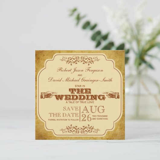 ヴィンテージの陽気な結婚式の劇場の保存日付 セーブザデート (スタンド正面)