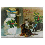 ヴィンテージの雪だるまおよび猫のガラスまな板 カッティングボード (正面)