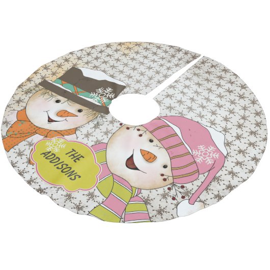 ヴィンテージの雪だるまのカップルの休日の木のスカート ブラッシュドポリエステルツリースカート (アングル)