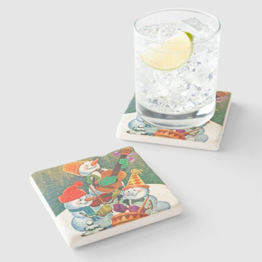 ヴィンテージの雪だるまのクリスマスバンド ストーンコースター (横)