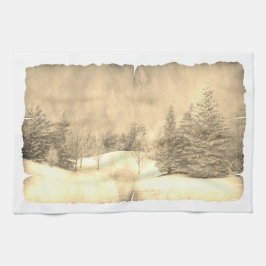 ヴィンテージの雪の上の冬の風景のパーチメント キッチンタオル