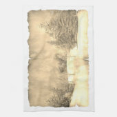 ヴィンテージの雪の上の冬の風景のパーチメント キッチンタオル (縦)