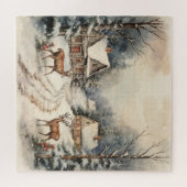 ヴィンテージの雪の多いクリスマスの風景と鹿 ジグソーパズル (横)