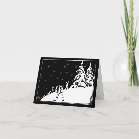 ヴィンテージの雪の白黒芸術のウサギ カード (正面)