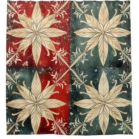 「ヴィンテージの雪片タイル模様」 シャワーカーテン (正面)