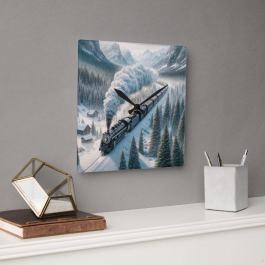 ヴィンテージの雪谷の蒸気機関車 スクエア壁時計 (オフィス)