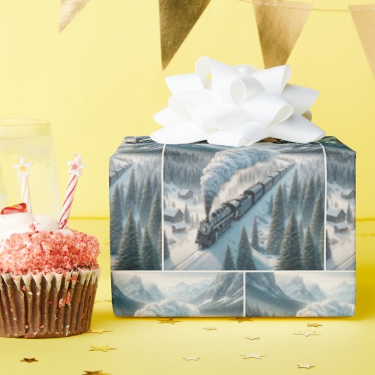 ヴィンテージの雪谷の蒸気機関車 ラッピングペーパー (誕生日パーティー)