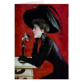 ヴィンテージの電話女性の黒の服帽子の女性