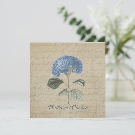 ヴィンテージの青いアジサイの結婚式 招待状 (スタンド正面)