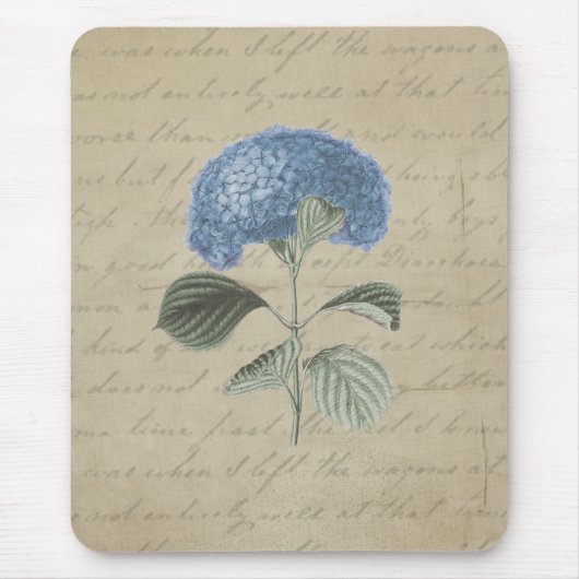 ヴィンテージの青いアジサイの花の旧式な書道 マウスパッド (正面)