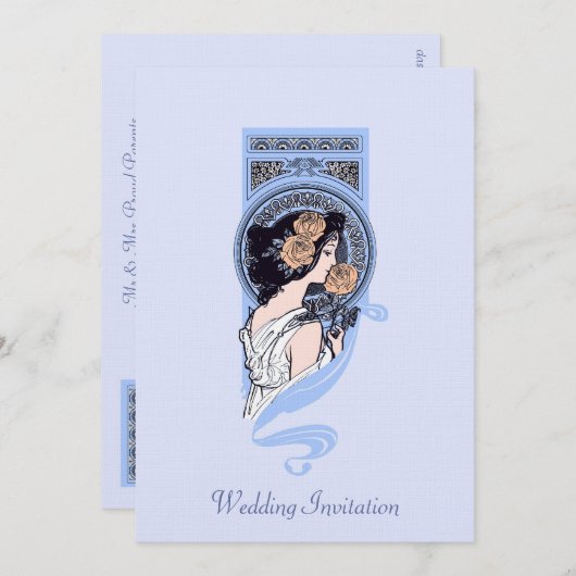 ヴィンテージの青いアールヌーボーの美しいの結婚式招待状 招待状 (正面/裏面)