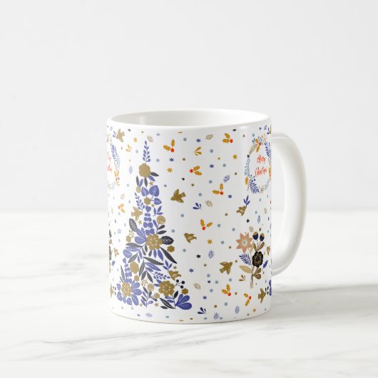 ヴィンテージの青いクリスマスバードフラワーツリー コーヒーマグカップ (正面右)