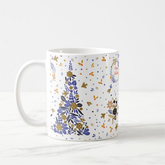 ヴィンテージの青いクリスマスバードフラワーツリー コーヒーマグカップ (左)