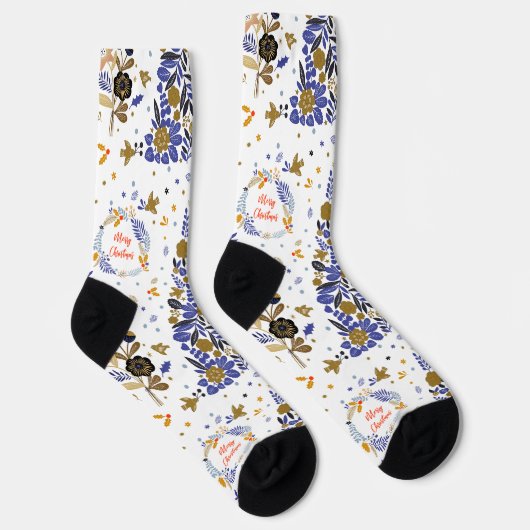 ヴィンテージの青いクリスマスバードフラワーツリー ソックス (右)