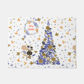 ヴィンテージの青いクリスマスバードフラワーツリー ドアマット (正面)