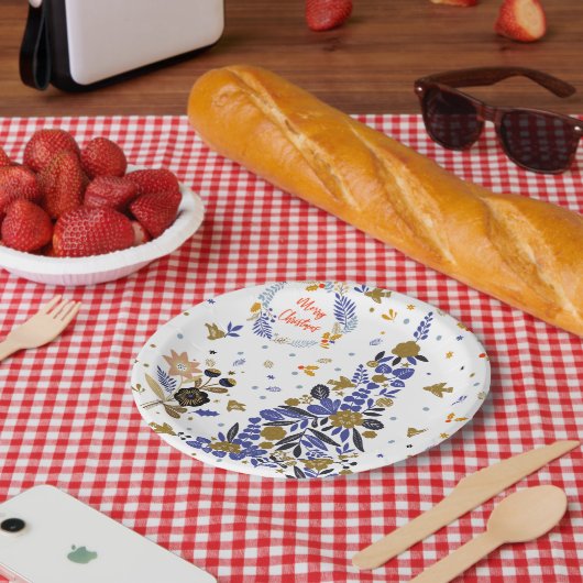 ヴィンテージの青いクリスマスバードフラワーツリー ペーパープレート (ピクニック)