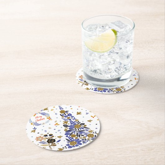 ヴィンテージの青いクリスマスバードフラワーツリー ラウンドペーパーコースター (インサイチュ)