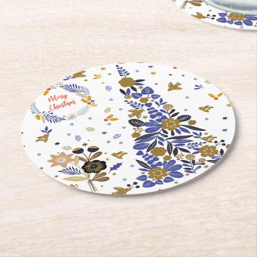 ヴィンテージの青いクリスマスバードフラワーツリー ラウンドペーパーコースター (アングル)
