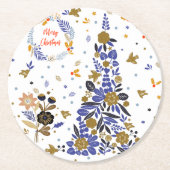 ヴィンテージの青いクリスマスバードフラワーツリー ラウンドペーパーコースター (正面)
