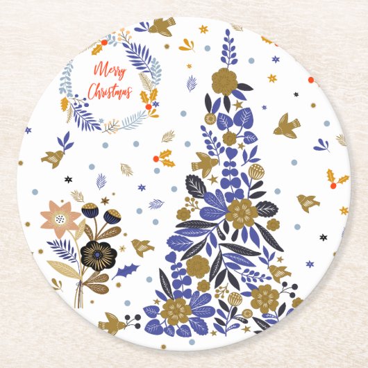 ヴィンテージの青いクリスマスバードフラワーツリー ラウンドペーパーコースター (正面)