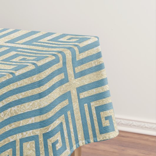 ヴィンテージの青いタイルのギリシャの雷文パターン テーブルクロス (インサイチュ)