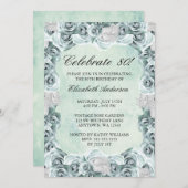 ヴィンテージの青いバラおよび羽の第80誕生会 招待状 (正面/裏面)