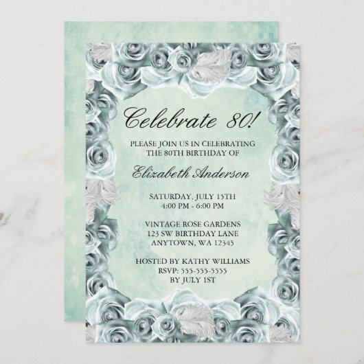 ヴィンテージの青いバラおよび羽の第80誕生会 招待状 (正面/裏面)