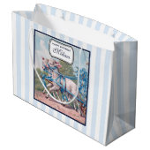 ヴィンテージの青いリボンの子羊のストライプ誕生日 ラージペーパーバッグ (裏面アングル)