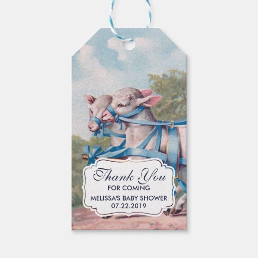 ヴィンテージの青いリボンの子羊ストライプありがとう ギフトタグ (正面)