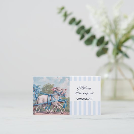 ヴィンテージの青いリボンの子羊ストライプ 名刺 (スタンド正面)