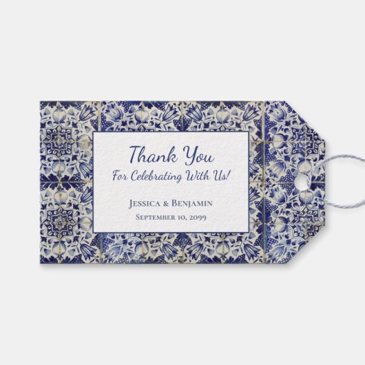 ヴィンテージの青い白いタイルパターン ギフトタグ (正面(横))