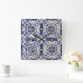 ヴィンテージの青い白いタイルパターン スクエア壁時計 (ホーム)