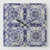ヴィンテージの青い白いタイルパターン スクエア壁時計 (正面)